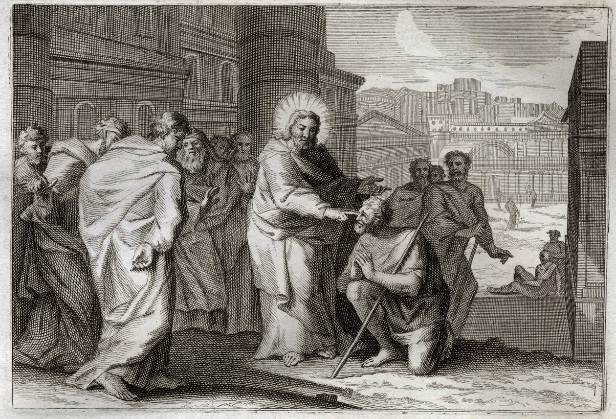 Royaumont Bible, Det Nye Testamente: Det gør de blinde. Jesus Kristus kriger mirakuløst de blinde gør. Illustration fra 1811. af Unknown artist