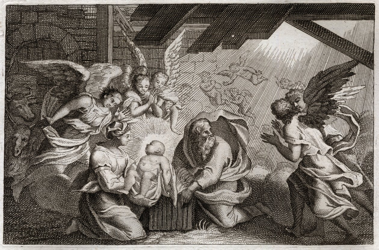 Royaumont Bible, Det Nye Testamente: Fødselen. Jesus Kristus blev født af den hellige jomfru Maria i en stald i Bethleem. Illustration fra 1811. af Unknown artist