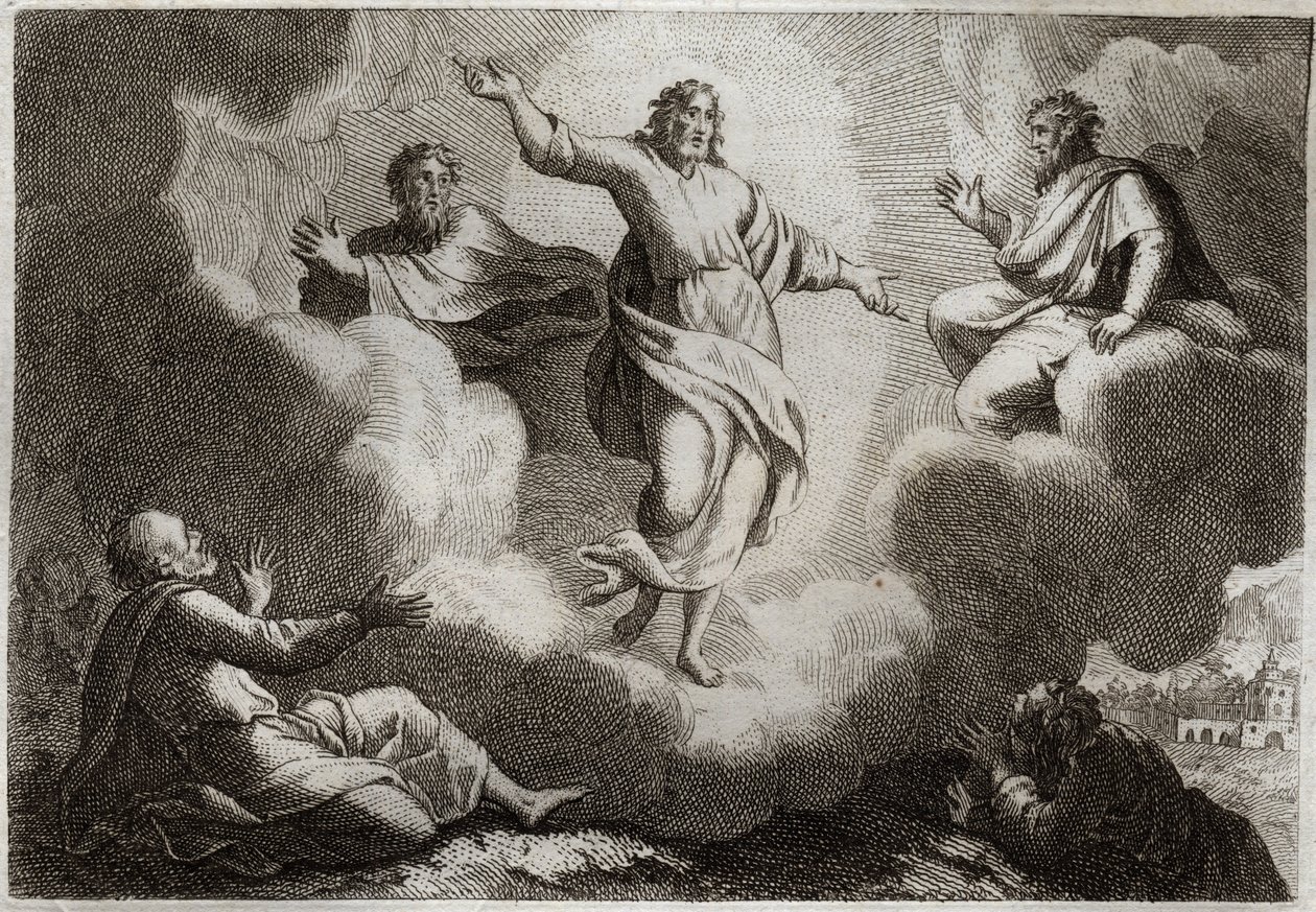 Royaumont Bible, Det Nye Testamente: Jesu Kristi Forvandling. Kristus omgiver Moses og Elias med nedenfor apostlen Sankt Johannes, Peter og Jakob. Illustration fra 1811. af Unknown artist