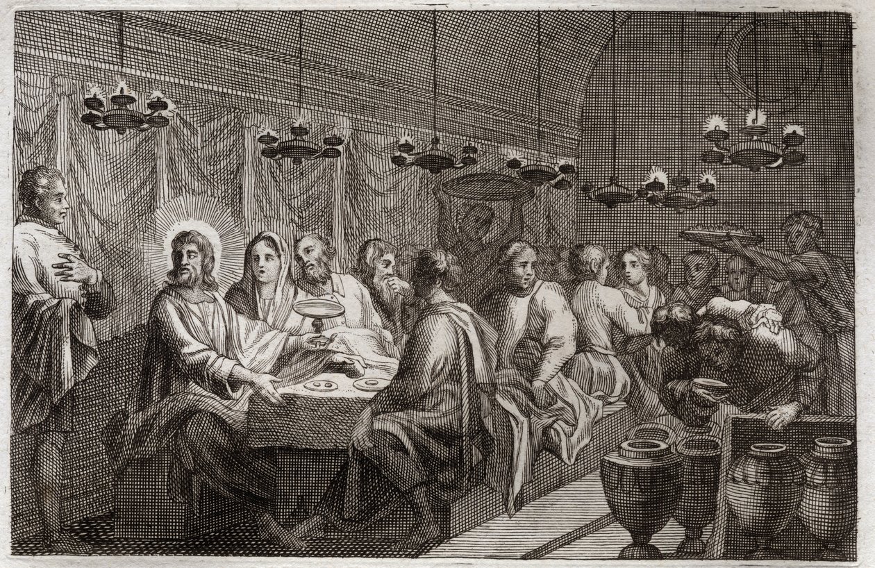 Royaumont Bible, Det Nye Testamente: Brylluppet i Kana. Jesu Kristi første mirakel, der ændrede vand til vin. Illustration fra 1811. af Unknown artist