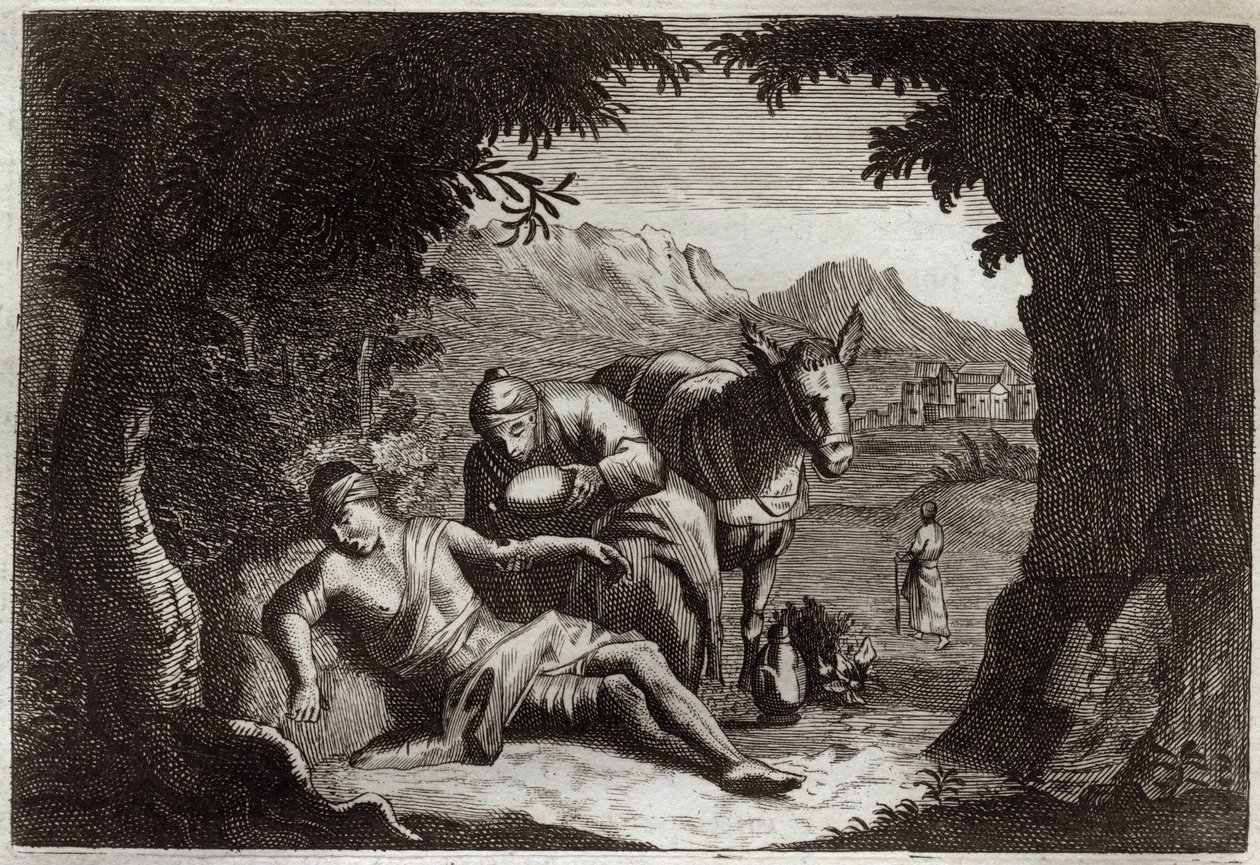 Royaumont Bible, Det Nye Testamente: Lignelsen om den barmhjertige samaritaner. Samaritaneren standsede på vej for at redde den nødstedte mand. Illustration fra 1811. af Unknown artist