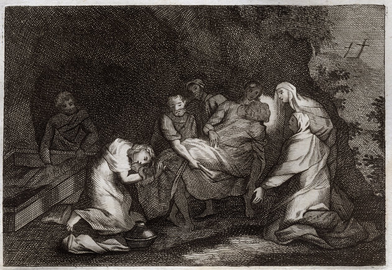 Royaumont Bibelen, Det Nye Testamente: Grav. Jesu Kristi grav. Blandt karaktererne omkring Jesu Kristi legeme: Jomfru Maria, Sankt Nikodema, Sankt Josef af Arimathia, Sankt Johannes Evangelisten og Sankt Maria Magdalena. Illustration fra 18 af Unknown artist