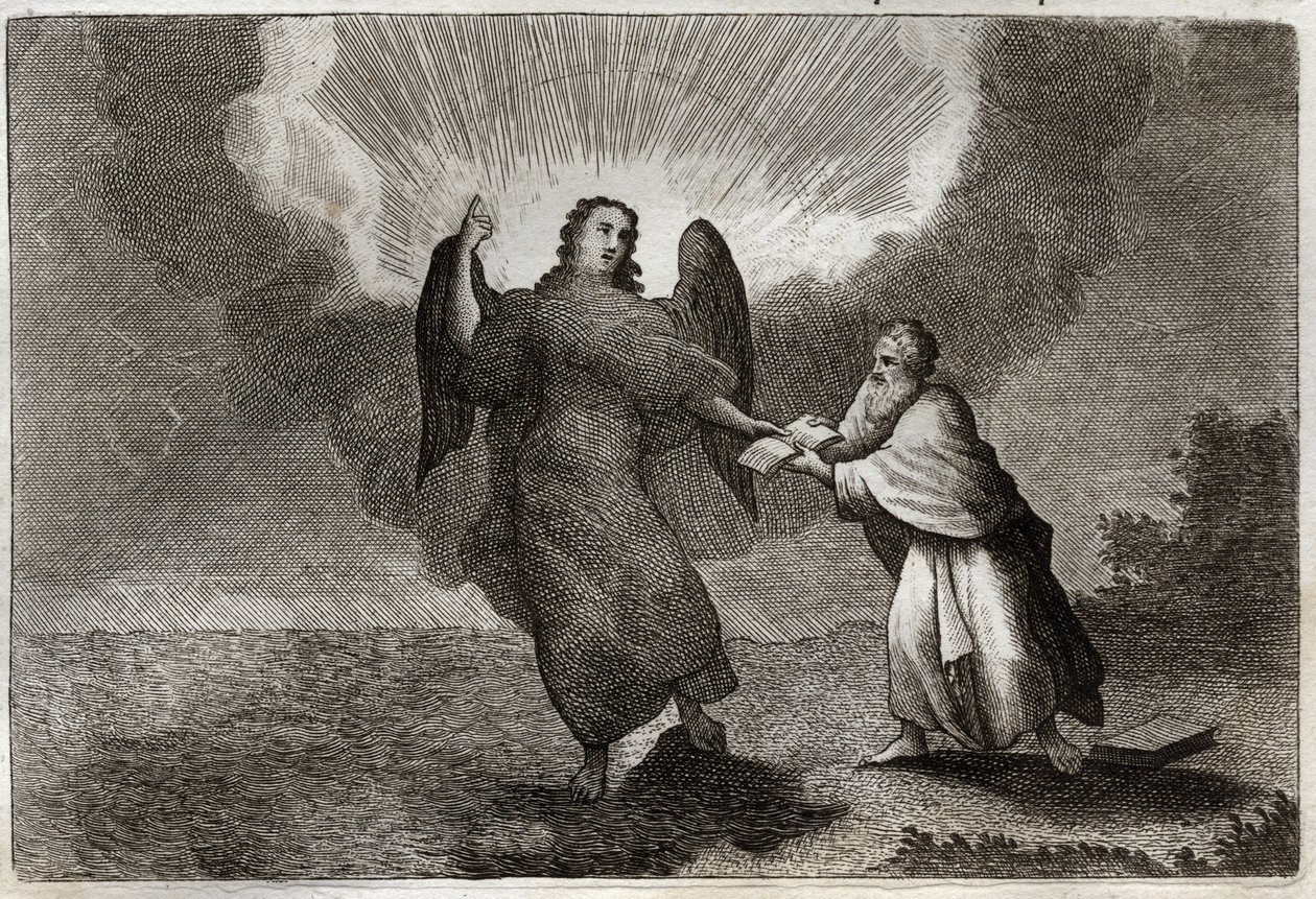 Royaumont Bibelen, Det Nye Testamente: Sankt Johannes syn. Vision of the Angel med en åben bog giver Saint John at fortære ham. Illustration fra 1811. af Unknown artist