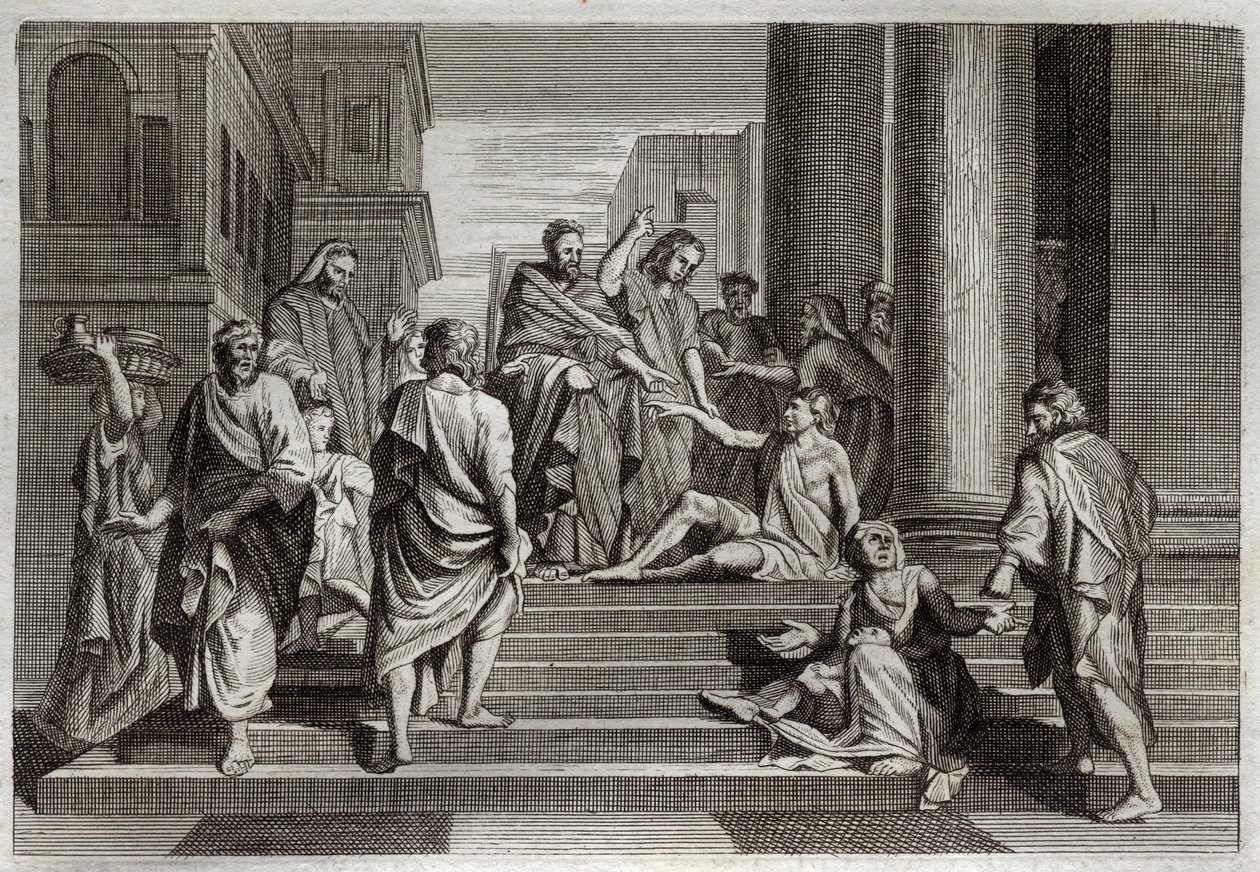Royaumont Bibelen, Det Nye Testamente: De lammes krig. Sankt Peter, ledsaget af Sankt Johannes, kæmpede mirakuløst mod en halt mand i Jerusalem. Illustration fra 1811. af Unknown artist