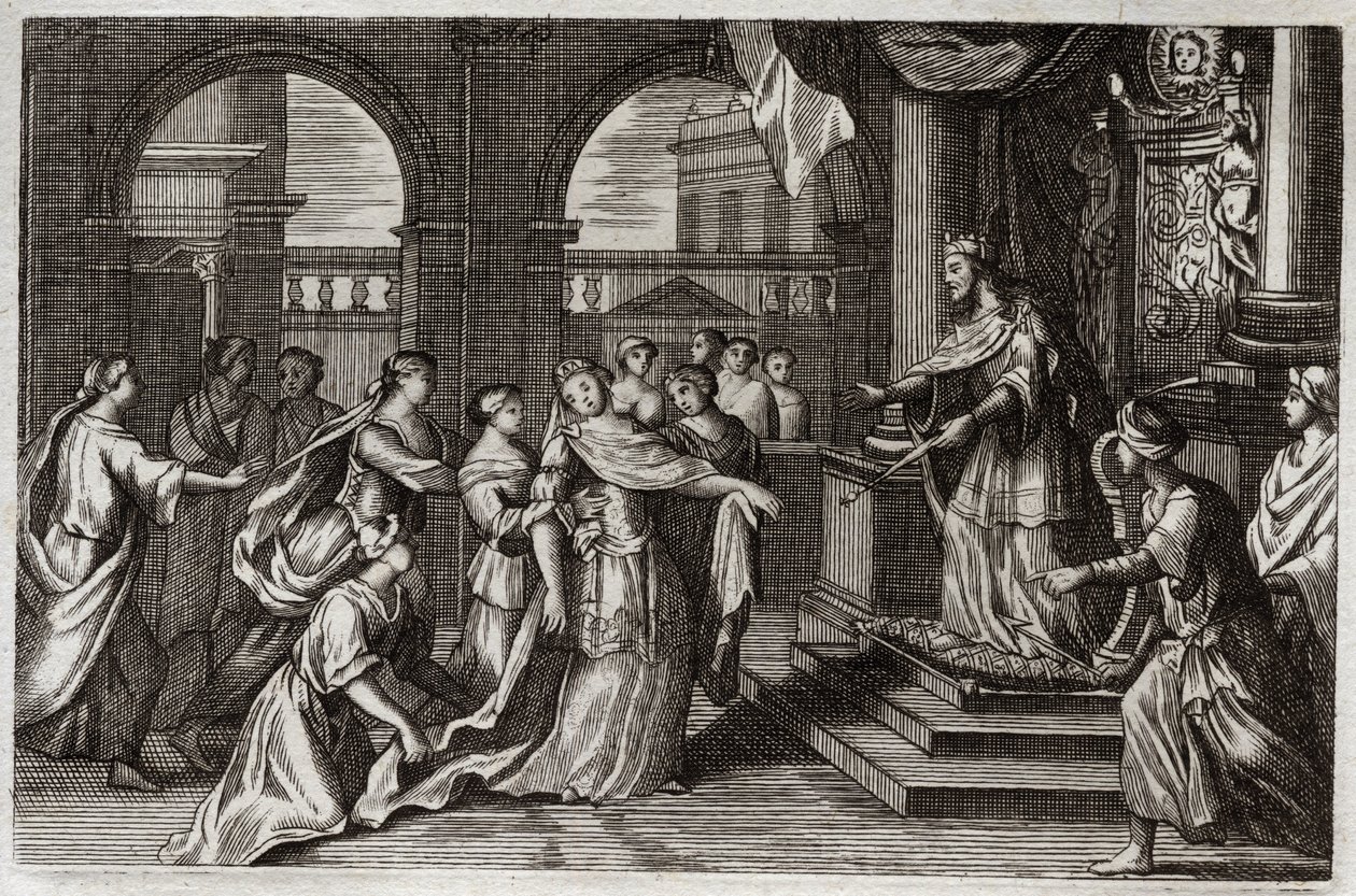 Royaumont Bibelen, Det Gamle Testamente: Ester vil præsentere sig selv for kong Xerxes I (Assuerus I), med den hensigt at redde sit folk fra den død, der truede ham. Illustration fra 1811. af Unknown artist