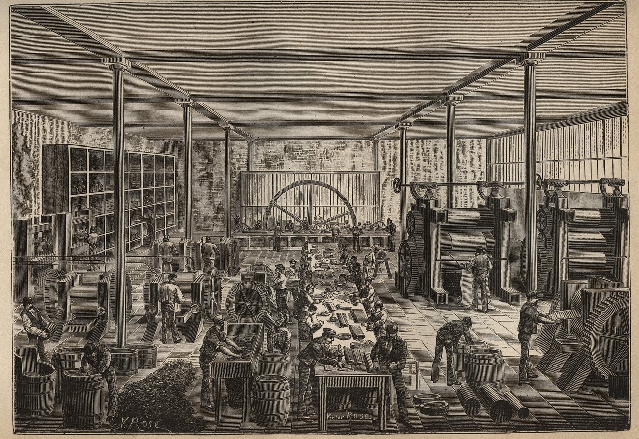 Gummi: gummifabrik. Indgravering fra 1885 i "" Les arts et metiers illustres"" af Adolphe BITARD. af Unknown artist