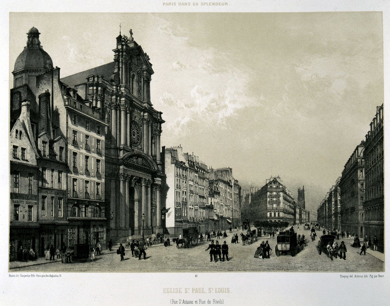 Rue Saint-Antoine og de Rivoli, kirkerne Saint-Paul og Saint-Louis af Unknown artist