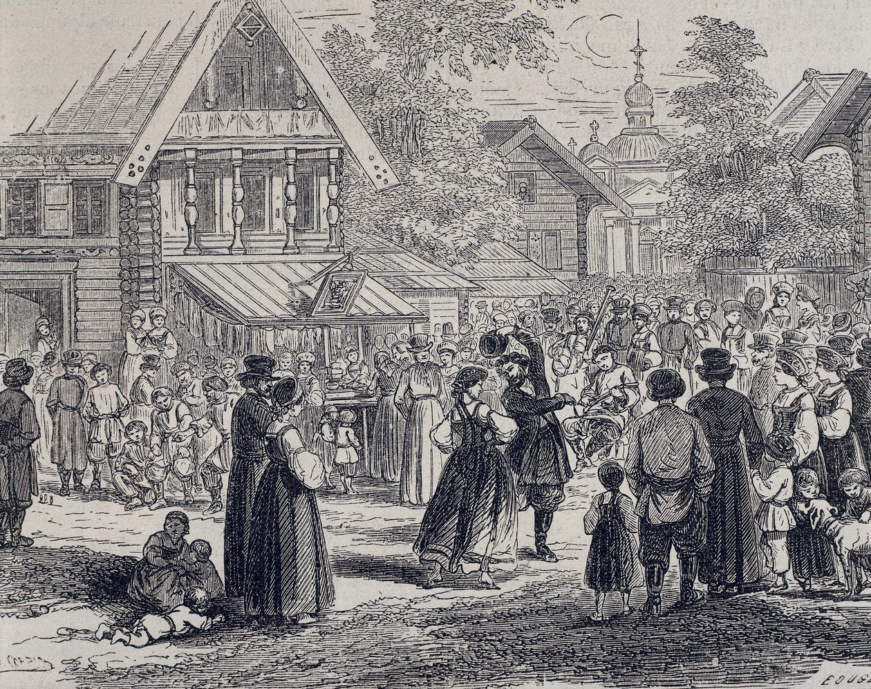 Rusland (19. århundrede). Fest i en landsby. 1879 (gravering) af Unknown artist