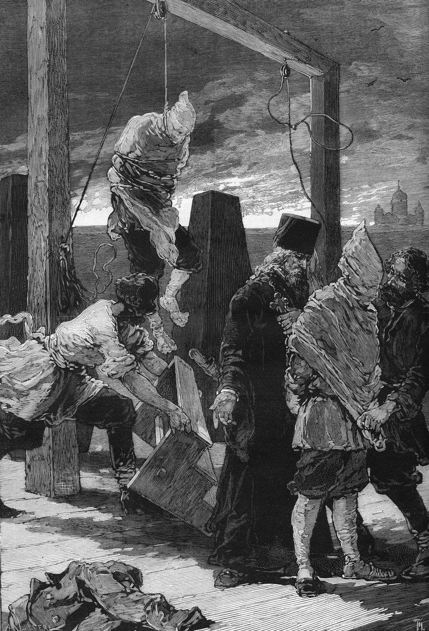 Rusland, Skt. Petersborg: henrettelse af de to nihilister Kviatkovsky og Presniakoff i 16/11/1880 i Sankt Johannes raveline i fæstningen af de hellige Peter og Paul. De var gerningsmændene til angrebet på Vinterpaladset i 1879. af Unknown artist