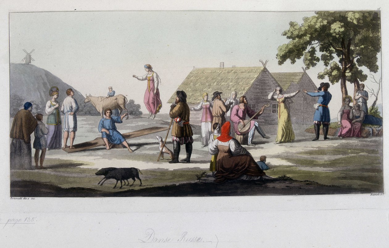 Russisk dans og leg. I "" Den gamle og moderne dragt"" 1819-1820, af Ferrario. af Unknown artist