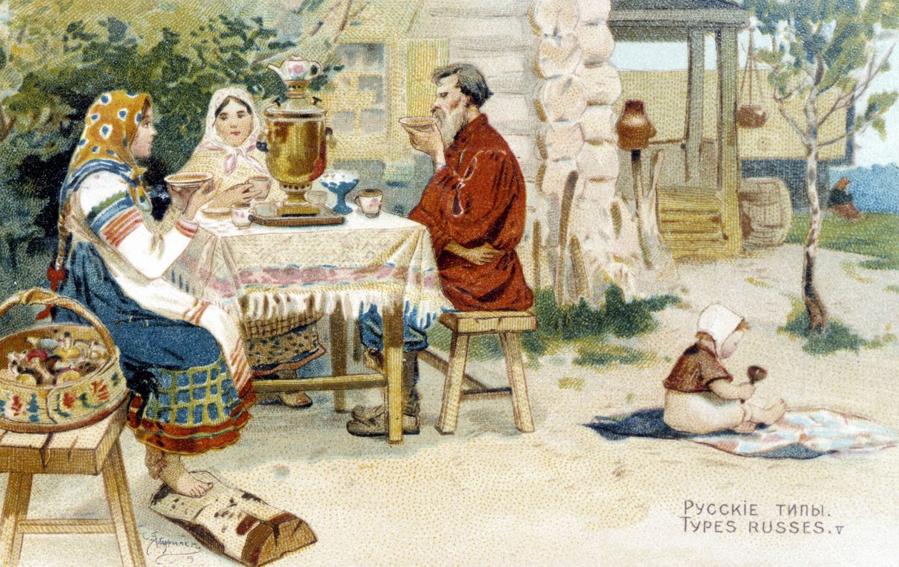 Russisk familie drikker te omkring en samovar - chromo. af Unknown artist