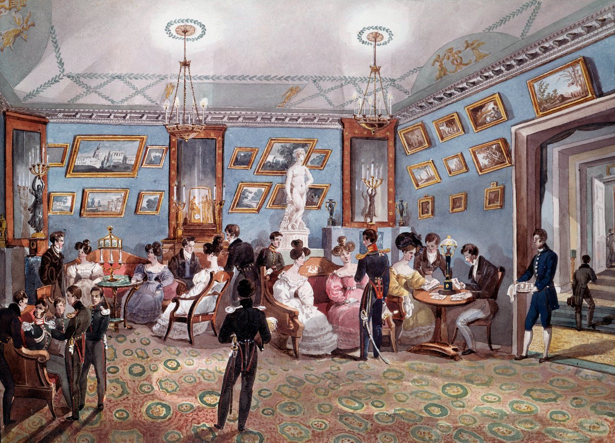 Russisk samfund: en social messe i Sankt Petersborg. Litografi omkring 1830. Sankt Petersborg, Eremitagebiblioteket af Unknown artist