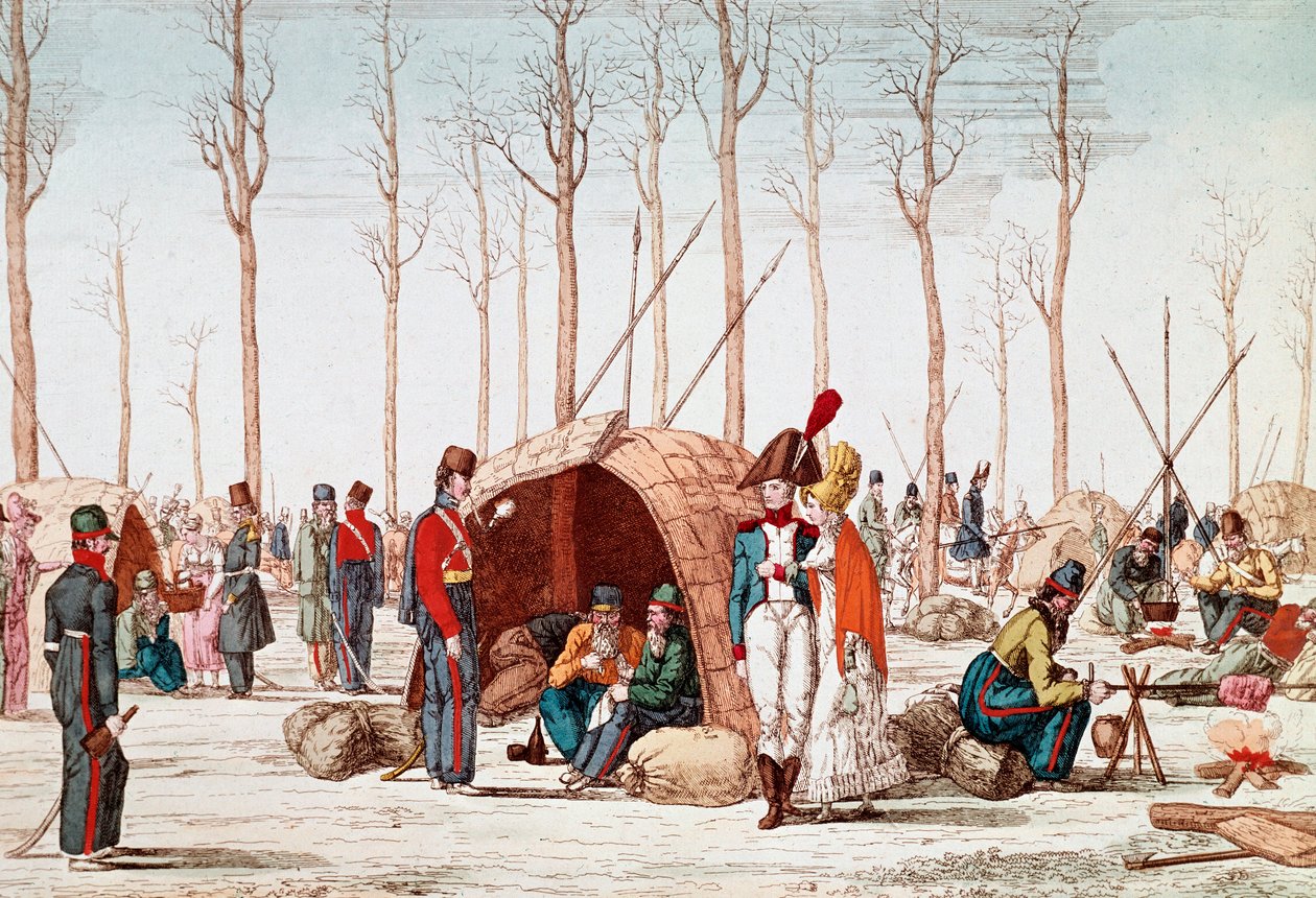 Russiske soldater bivuackerer på Champs-Elysees, Paris, Frankrig, 31. marts 1814 (gravering) af Unknown artist