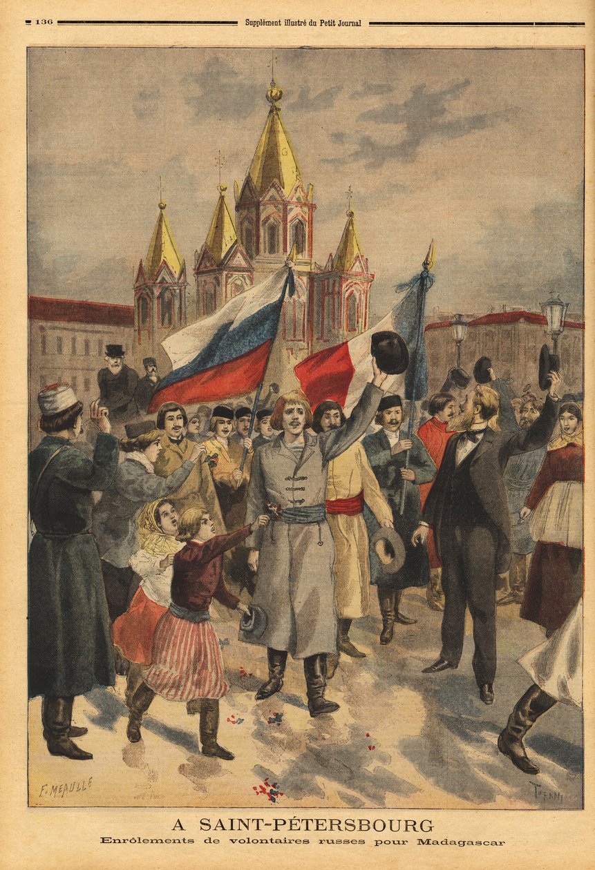 Russiske frivillige i Sankt Petersborg til den franske ekspedition fra Madagaskar. Indgravering i "" Le petit journal"" 28/04/1895. Selvas samling. af Unknown artist