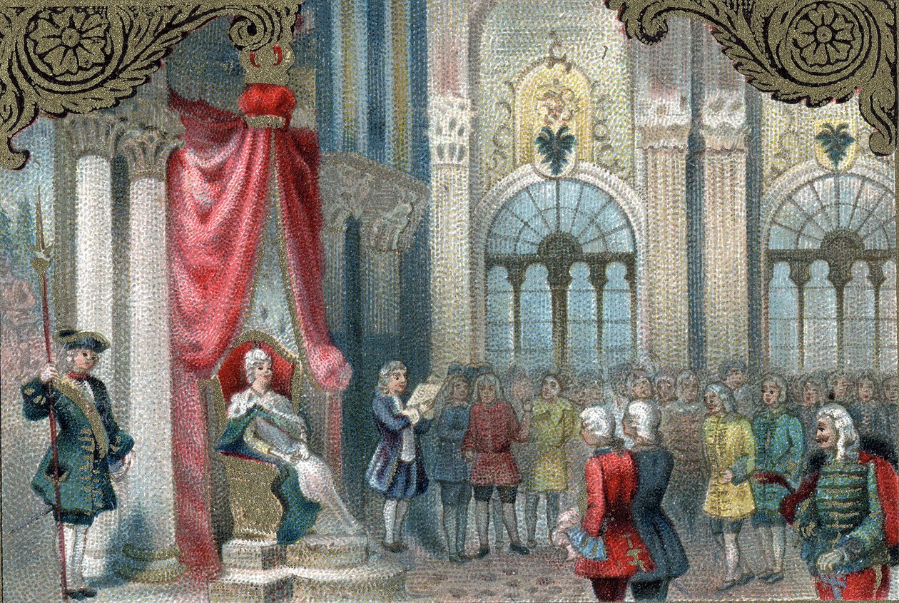 Ruslands moderniseringspolitik: Katarina II af Rusland (1729-1796) proklamerer reorganiseringen af det russiske imperium. I 1785 gav det langt flere beføjelser og rettigheder til imperiets adelige. Sen kromolitografi af det 19. århundrede. af Unknown artist