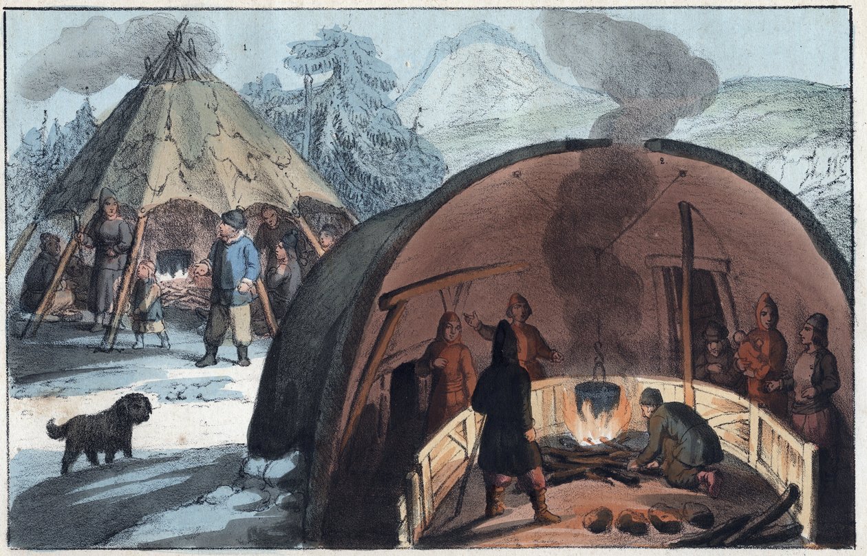 Samisk familie i et telt i Lapland - Interiør af en Laplanderhytte med en familie rundt om ilden - indgravering fra "" Skikke og traditioner for alle folkeslag i universet. Det er historien om regeringen, lovene, militsen, om religionen af ​​alle nationer  af Unknown artist