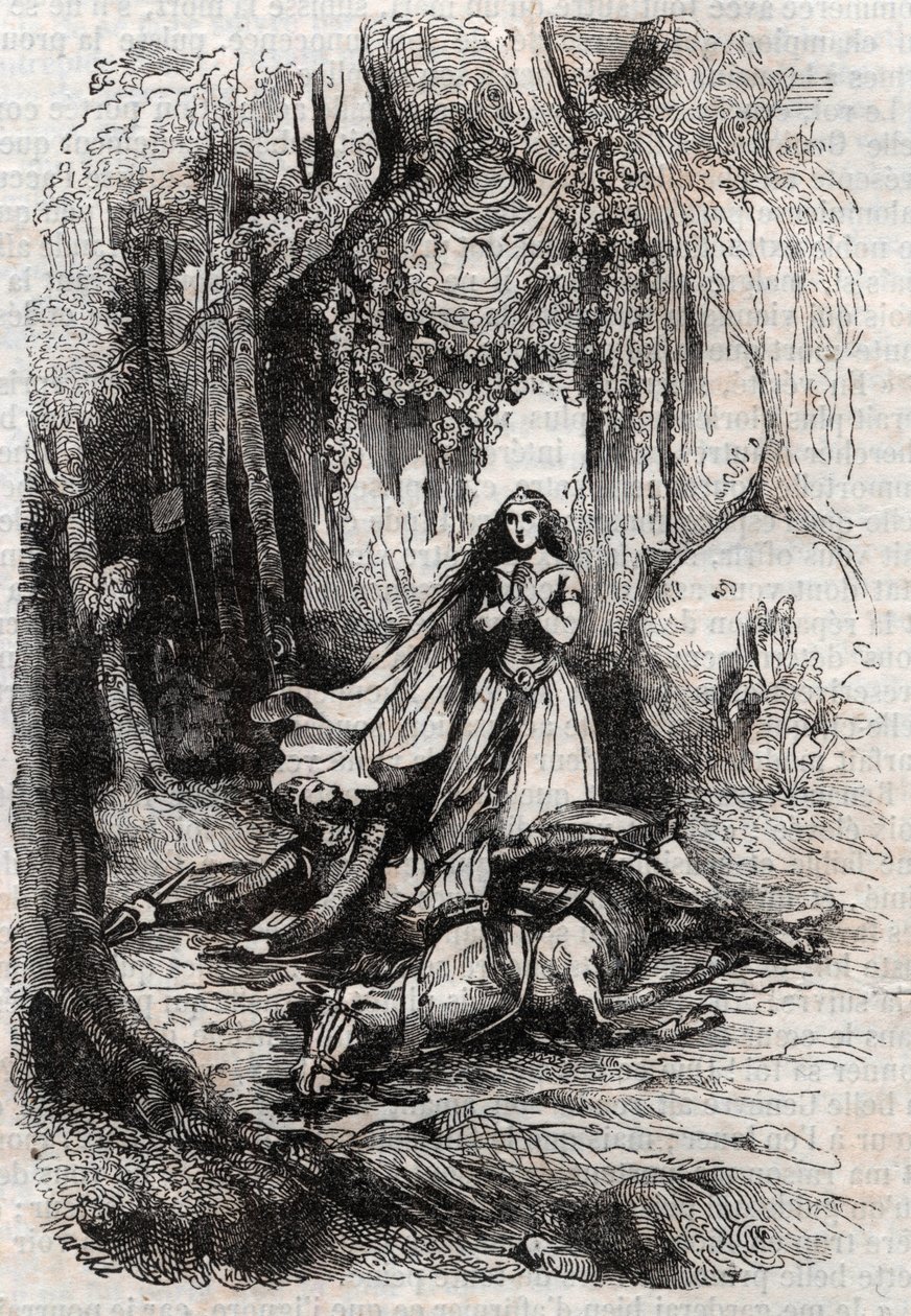 Sacripant (Sacrificer) desarconne i nærværelse af Angelica (Angelica) - gravering af 1851 fra "" Roland furieux"" (1500-tallet) af Ludovico Ariosto, kendt som Ariosta - Udgave oversat fra italiensk af greven af ​​Tressan og p. af Unknown artist