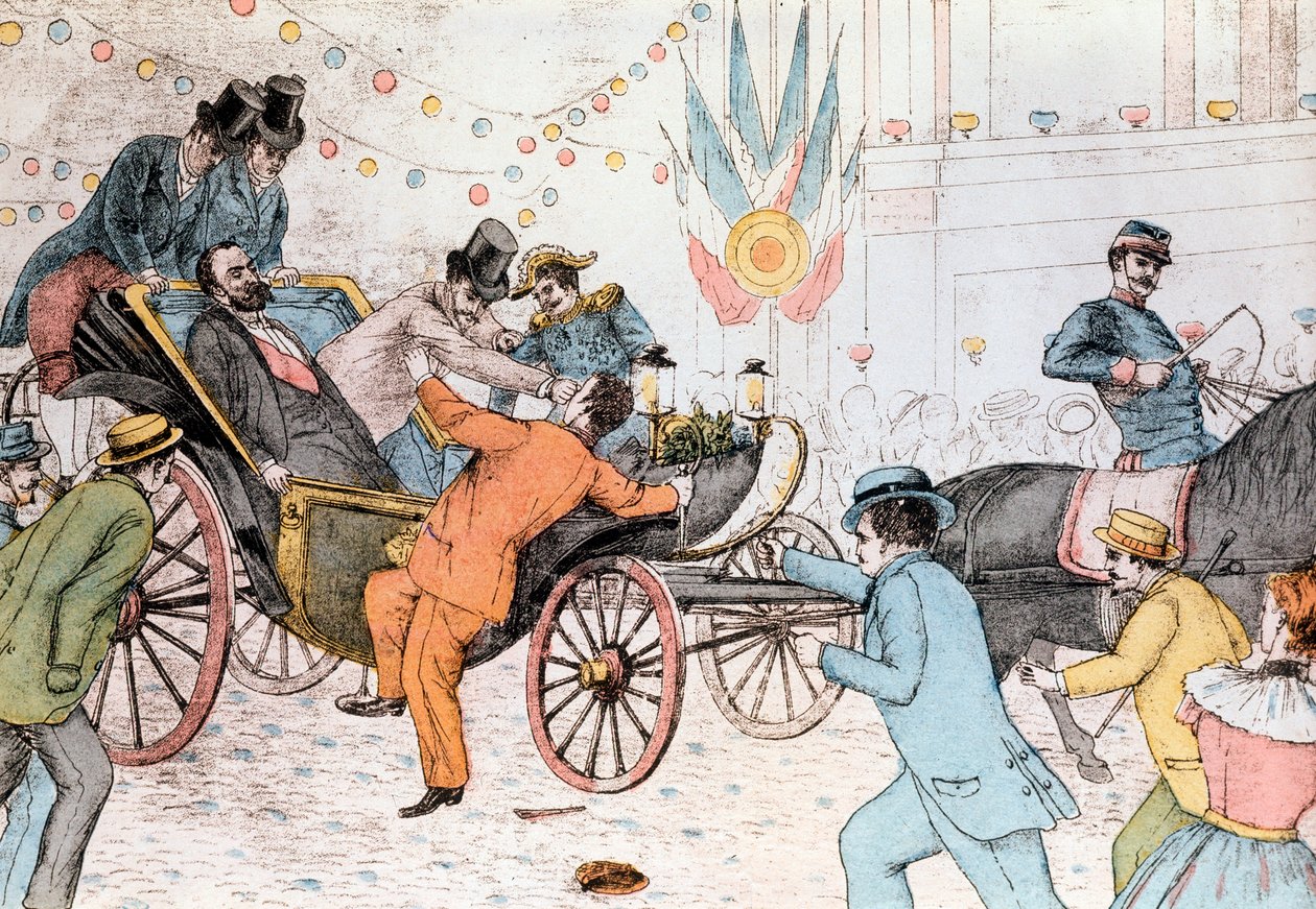 Sadi Carnot myrdet af Sante Jeronimo Caserio, en italiensk anarkist, 25. juni 1894 (gravering) af Unknown artist