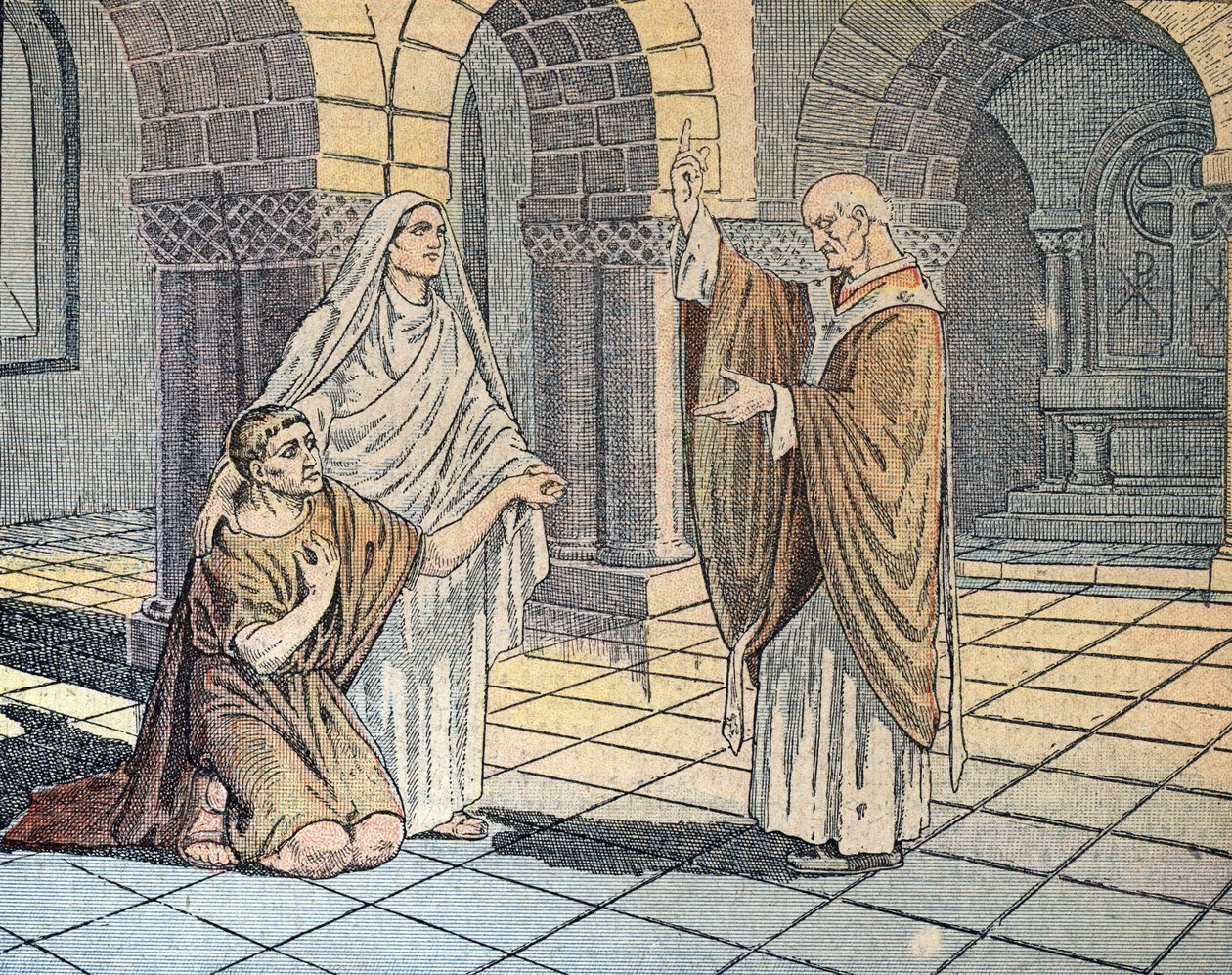 Sankt Augustin af Hippo (354-430) og hans mor Sainte Monique over for Sankt Ambrosius (340-397) i Milano, 387 (St Augustine of Hippo with his mother st Monica in front of st Ambrose of Milan, 387) Illustration fra "Le pelerin" 1933 Privat samling af Unknown Artist