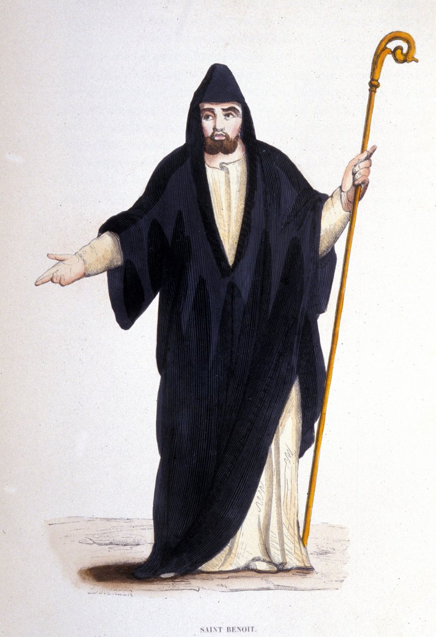 Sankt Benedikt af Nursia (født i Murcia (Norcia) i Umbrien omkring 480 - 527). Gravering fra et album om religiøse ordrer, Paris af Unknown artist