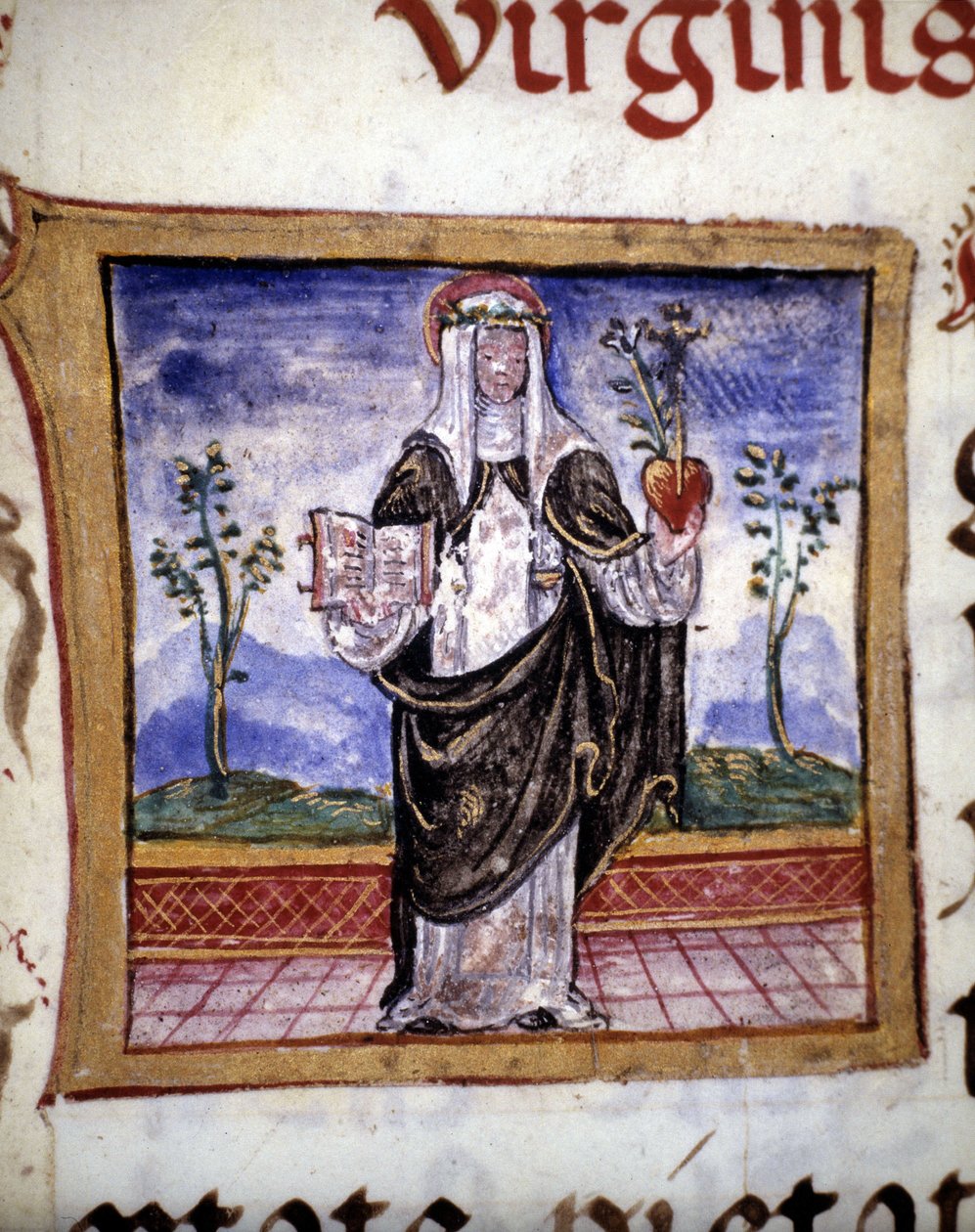 Saint Catherine of Siena (1347 - 1380) holder en bog og et hjerte, miniature af det 15. århundrede. af Unknown artist