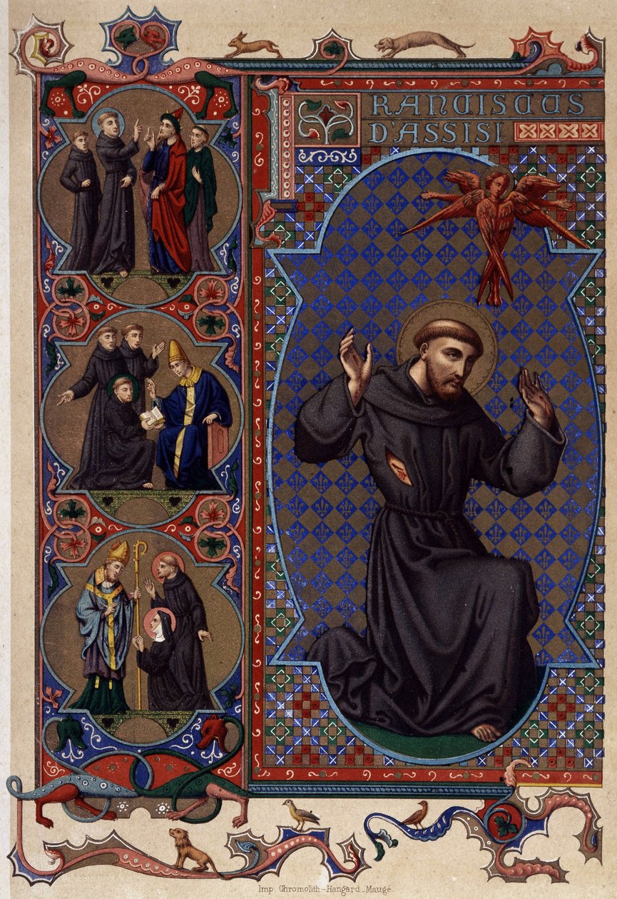 Sankt Frans af Assisi og stigmatiseringens fremkomst (1224), kromolitografi 1800-tallet af Unknown artist