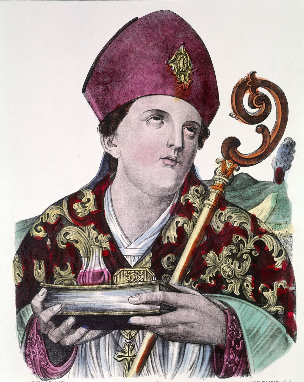 Saint Gennaro eller Saint Janvier, protektor for byen Napoli, holder ampullen med hans blod i hænderne. Farvede populærtryk fra 1800-tallet. af Unknown artist