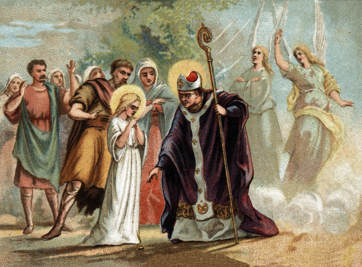 Saint Germain gav en medalje til Sainte Genevieve (422-502), skytshelgen for Paris. kromolitografi omkring 1890. af Unknown artist