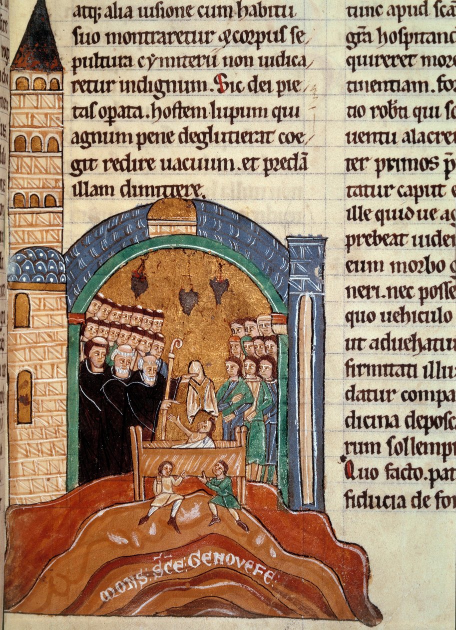 Saint Hugues de Cluny (1024-1109), Abbe af Cluny, redder en død mand i Paris. Miniature taget fra en historisk og liturgisk samling af Unknown artist