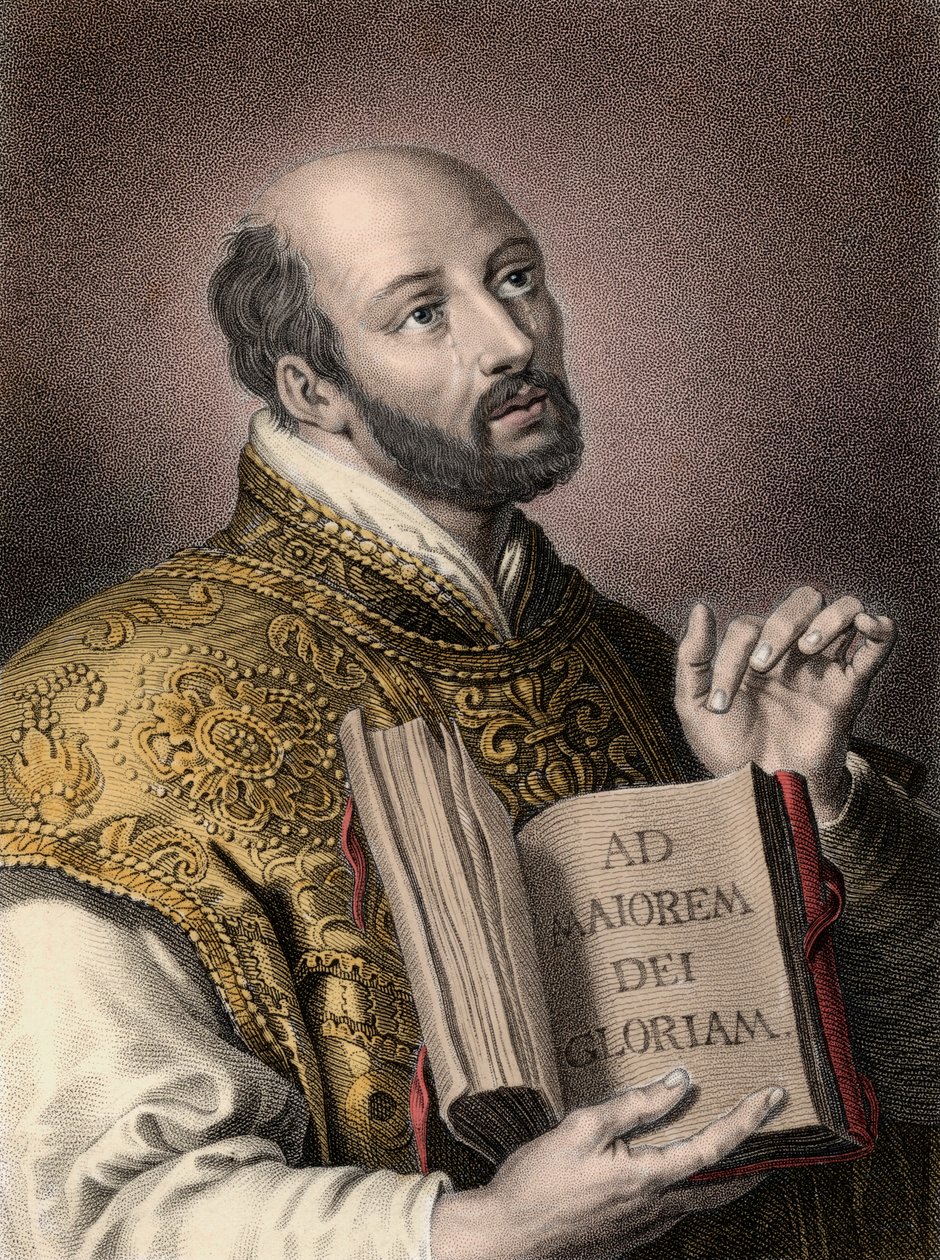 Portræt af Sankt Ignatius af Loyola (1491-1556), spansk teolog, med en bog med Jesu Selskabs latinske motto "" Ad maiorem Dei gloriam""" (Til Guds større ære) Ignatius eller Sankt Ignatius af Unknown artist