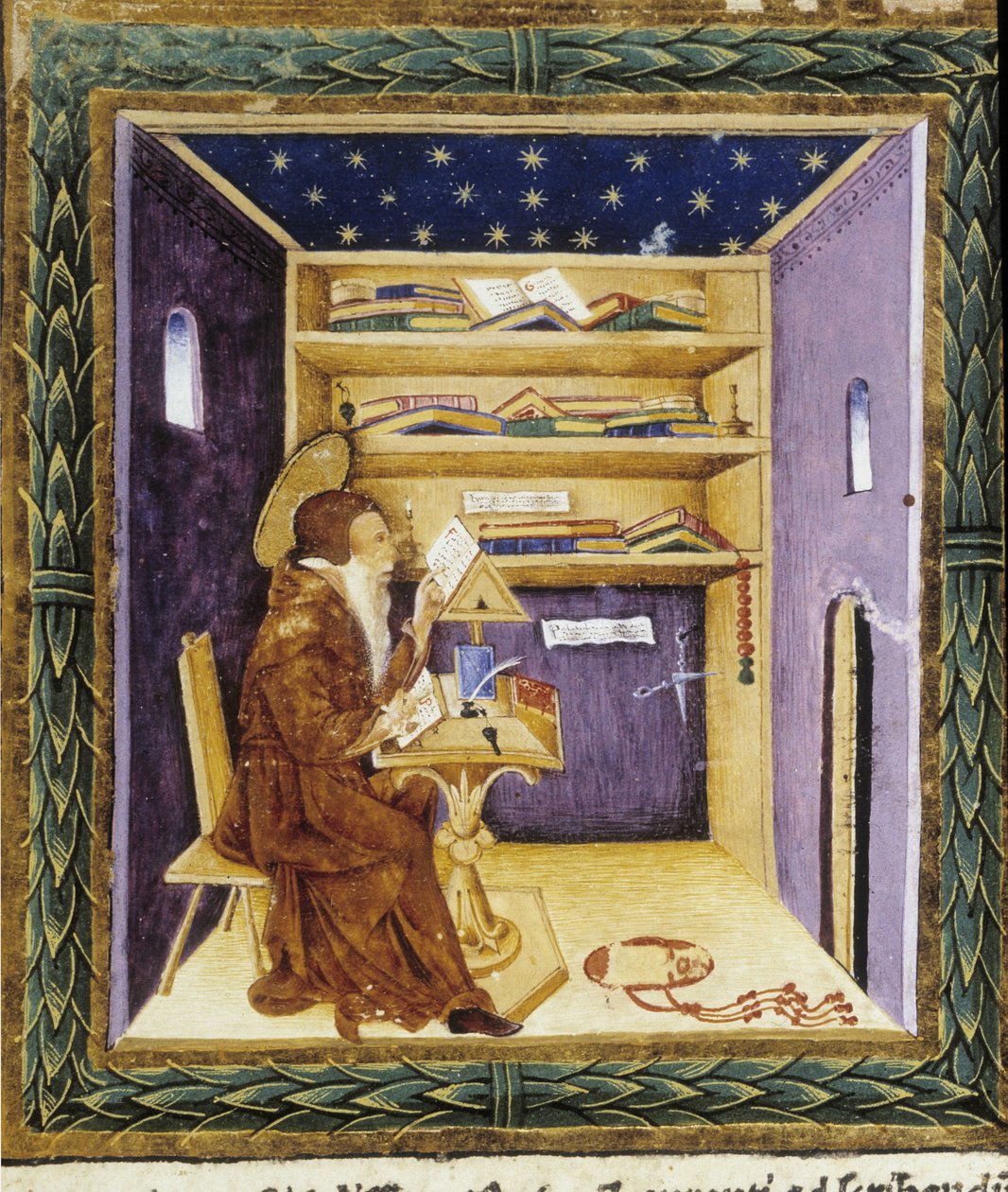 Sankt Hieronymus til hans forfatterskab - miniature af Unknown artist