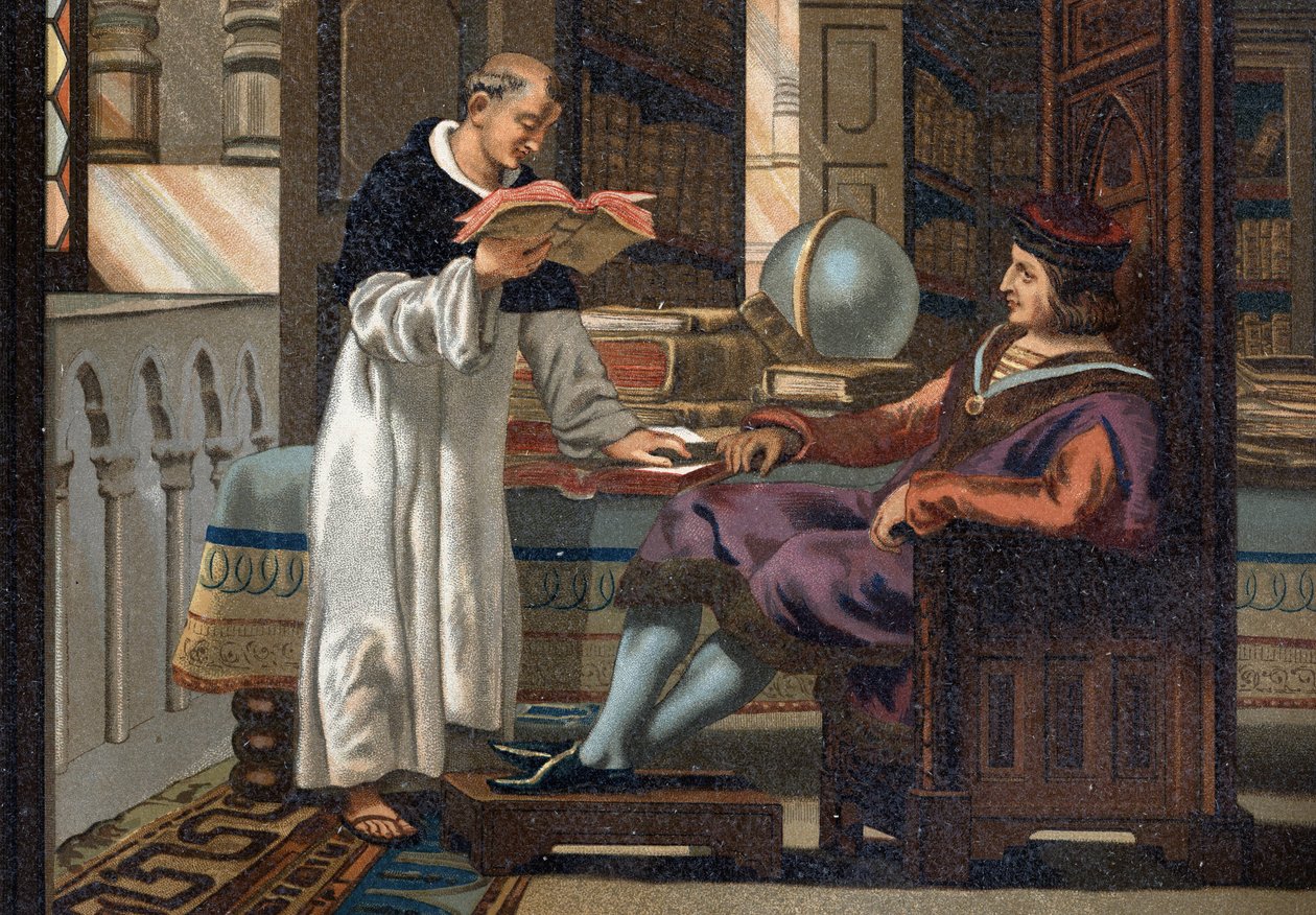 Saint Louis (1214-1270), konge af Frankrig, og hans rådmand Saint Vincent de Beauvais (ca. 1190-1264), efter "La Ciencia y sus Hombres par Louis Figuier". Barcelona 1881 af Unknown artist