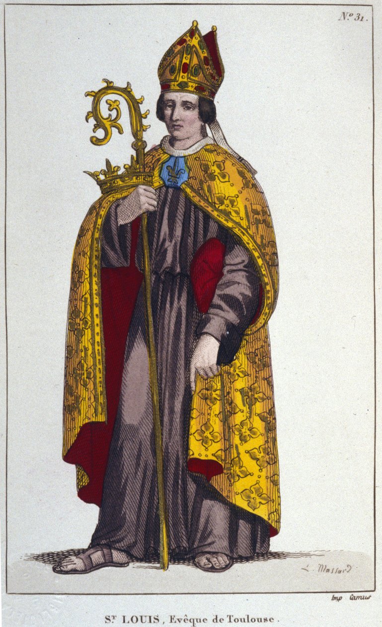 Saint Louis af Toulouse eller Saint Louis af Anjou. Lille nevø af Saint Louis (1274 til 1297), biskop af Toulouse. stik fra 1830 af Unknown artist