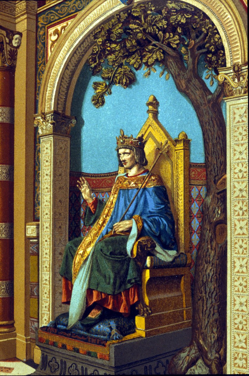 Saint Louis eller Louis IX (1214 - 1270) yder retfærdighed. Kromolitografi. af Unknown artist