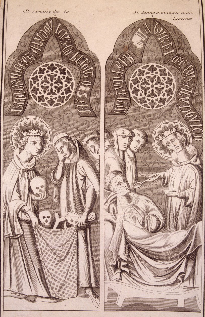 Saint Louis samler knogler op og giver spedalske mad af Unknown artist
