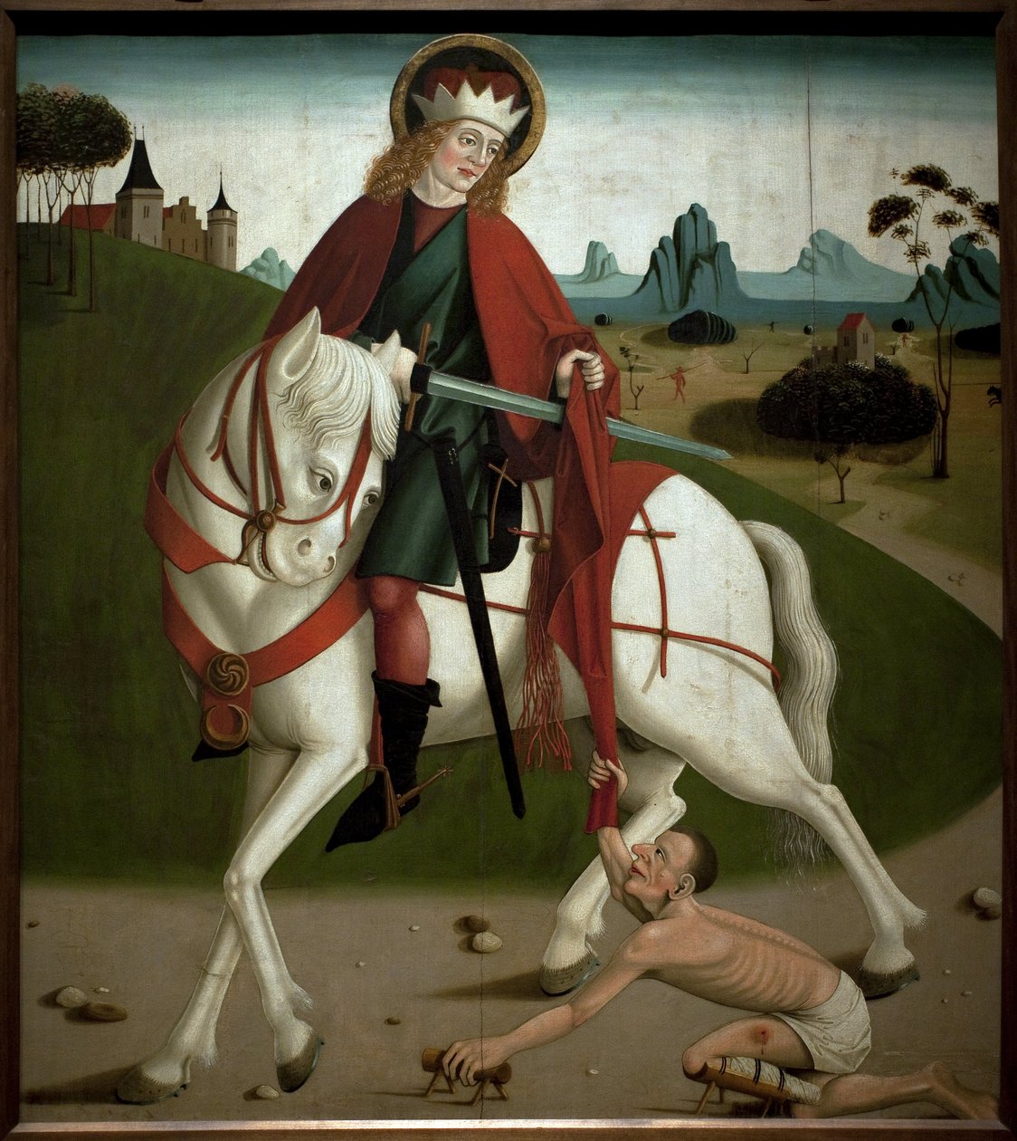 Sankt Martin og tiggeren. Han skar sin frakke for at give den til en tigger. anonymt maleri, omkring 1490. Magyar Nemzeti Galleria, Budapest, Ungarn. af Unknown artist