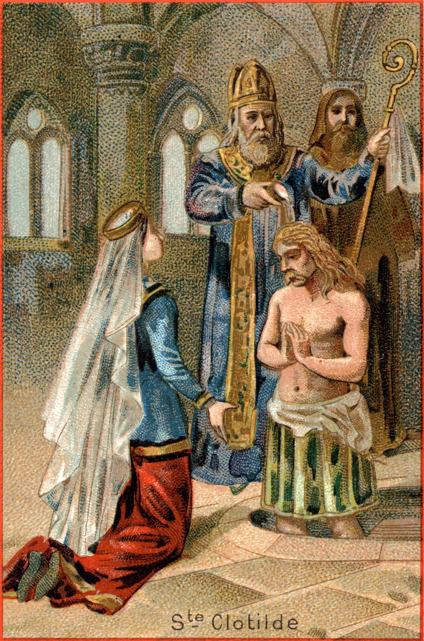 Sankt Remi, eveque af Reims, døber Clovis I (465-511), konge af frankerne, 25. december 496. Til venstre, Sankt Clotilde. af Unknown artist