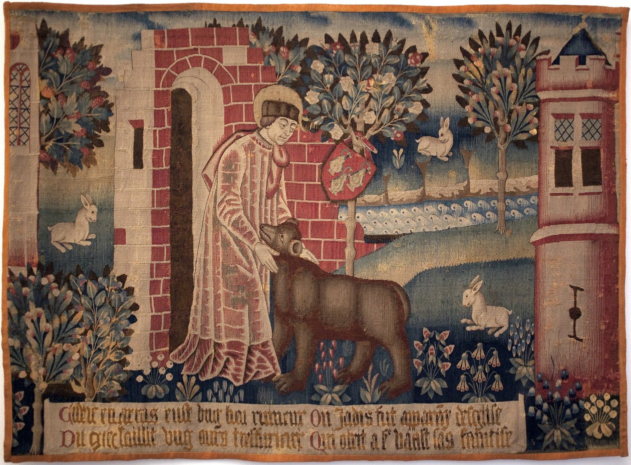 Sankt Vaast og Bjørnen. Saint Vaast, Saint Vedast eller Saint Gaston (død i 540, eveque og skytshelgen for Arras og hans bispedømme) tæmmer dyret på bredden af floden Crinchon. Gobelin, anden halvdel af 1400-tallet. Museum of Fine Arts i Arras af Unknown artist