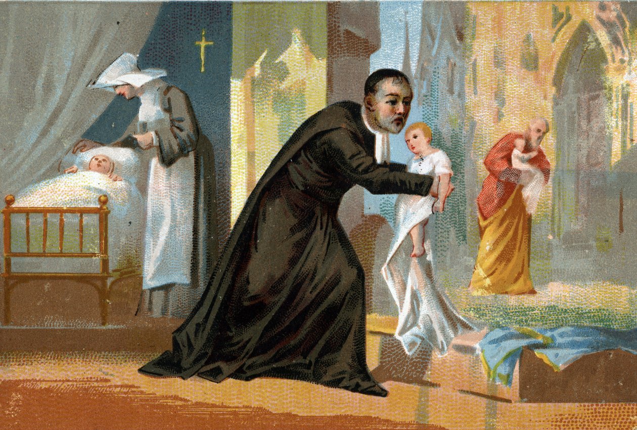 Saint Vincent de Paul (1576-1660), kendt for sin velgørenhed, skaberen af hospitalet for finde børn. Kromolitografi af det 19. århundrede. af Unknown artist