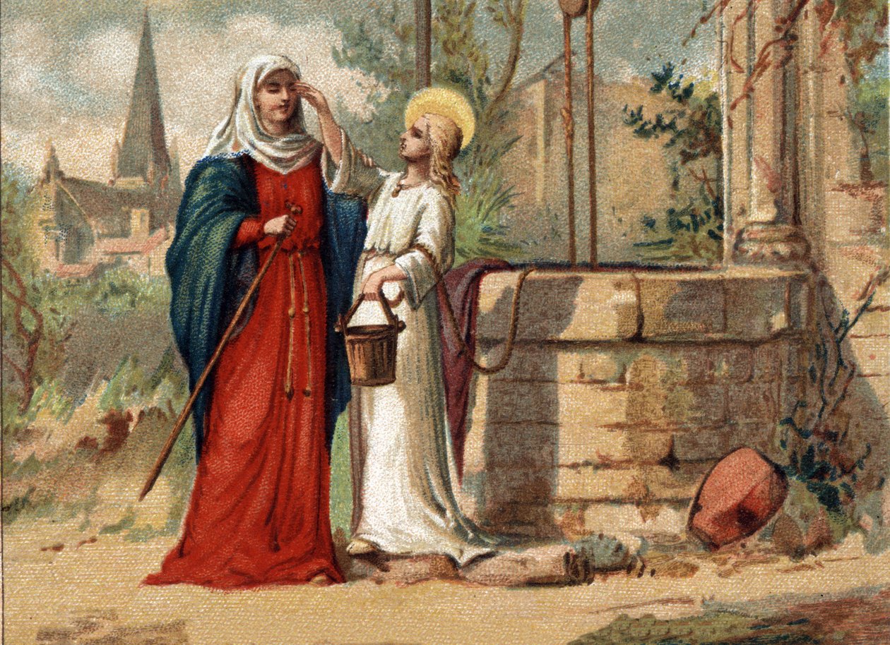 Sainte Genevieve (422-502), skytshelgen for Paris, giver sit hav udsyn. Kromolitografi omkring 1890. af Unknown artist