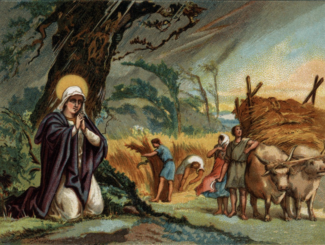 Sainte Genevieve (422-502), skytshelgen for Paris, bevarer stormens høst i meaux.Chromolithography omkring 1890. af Unknown artist