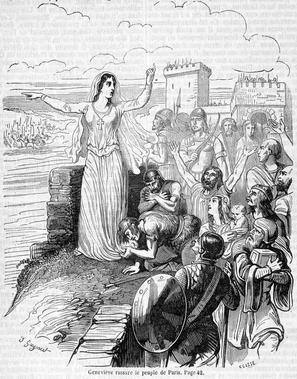 Sainte Geneviève, organiserer forsvaret af Paris mod horderne af Attila og beroliger folket i Paris - i "Histoire de France"" af Anquetil af Unknown artist