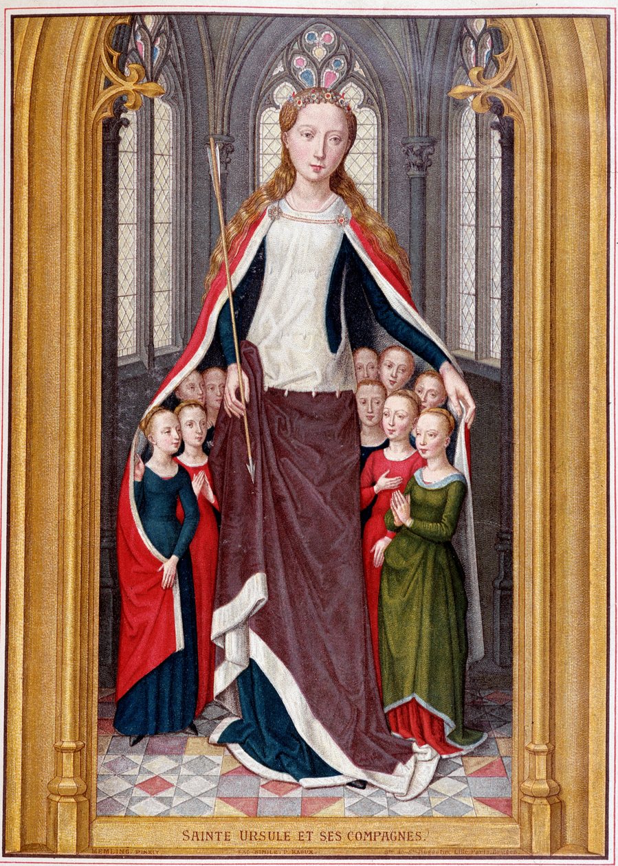 Sainte Ursula huser sine ledsagere under sin frakke, efter jagten på Saint Ursula, Brugge, Memling af Unknown artist