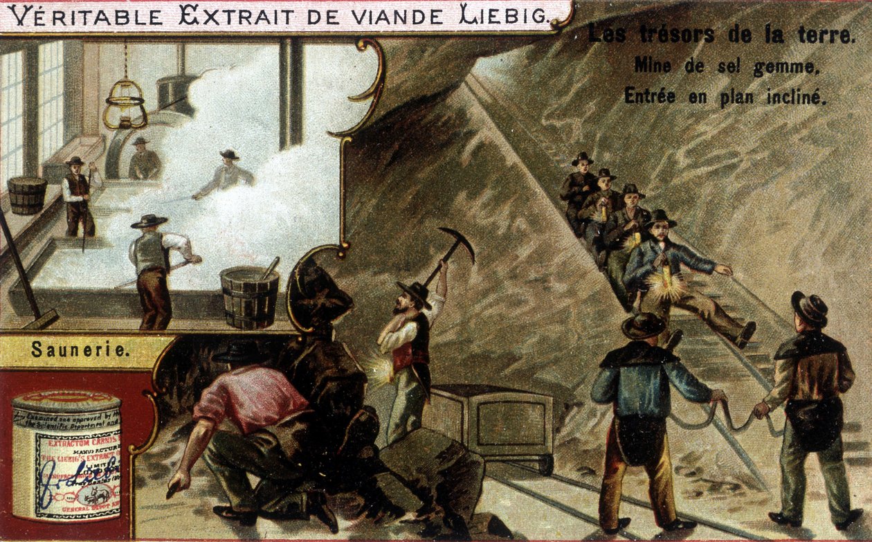 Saltvand og saltmine: saltudvinding og mere sund. Kromolitografi af Liebig-produkter, serie "Les trresors de la terre". af Unknown artist