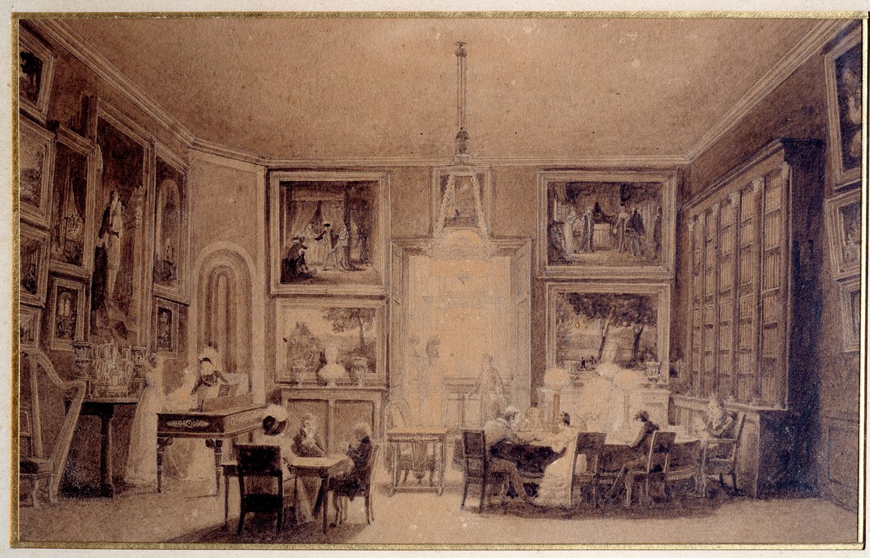 Salon for Dronningen af ​​Holland Hortense de Beauharnais (1783-1837) i Augsburg. Gravering af det 19. århundredes Paris. Thiers Bibliotek af Unknown artist