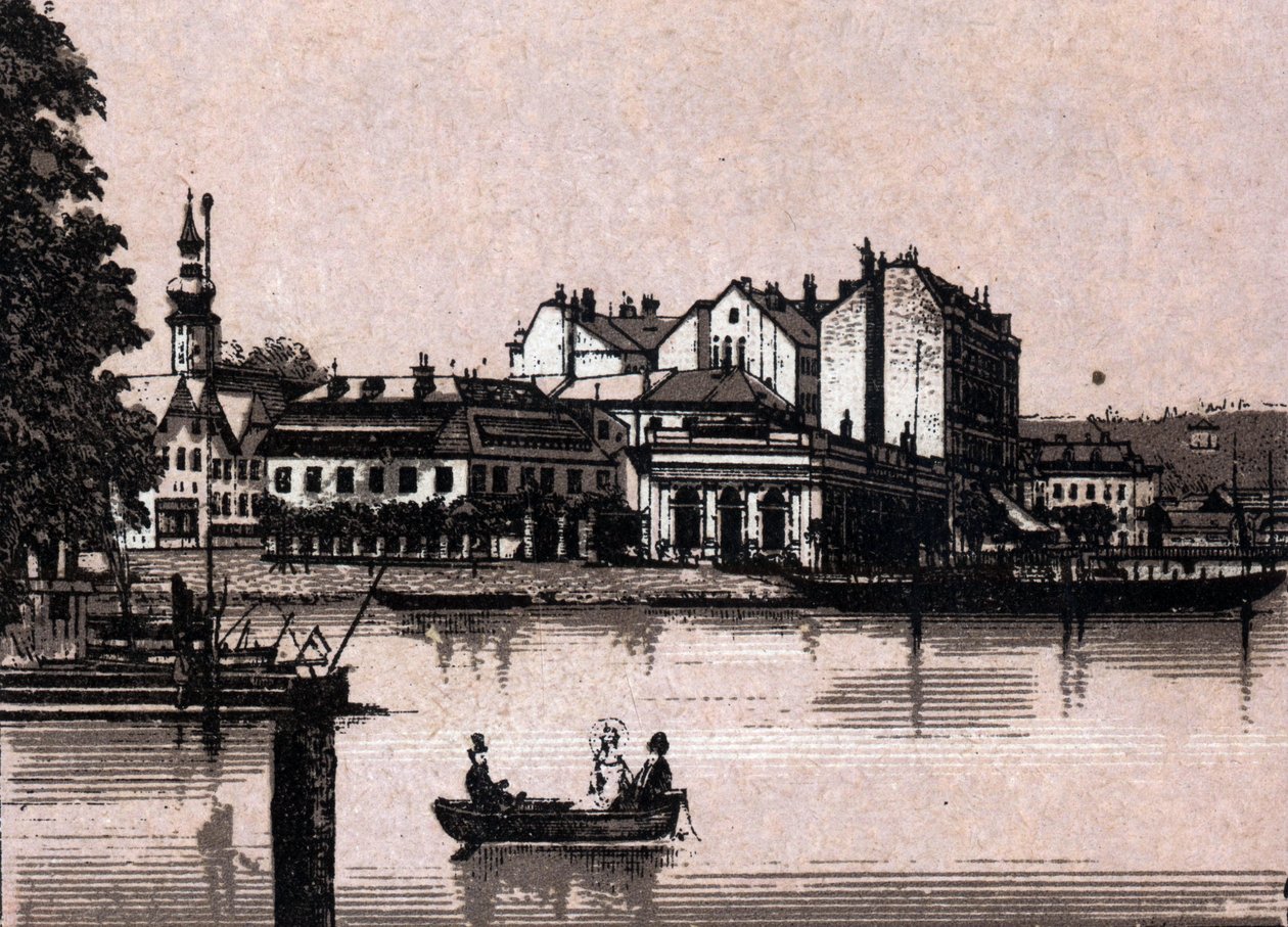 Salzkammergut-regionen, Østrig: udsigt over kasinoet i Gmunden. i "" Verden illustrerer 168 visninger"" Udateret (slutningen af det 19. århundrede) af Unknown artist
