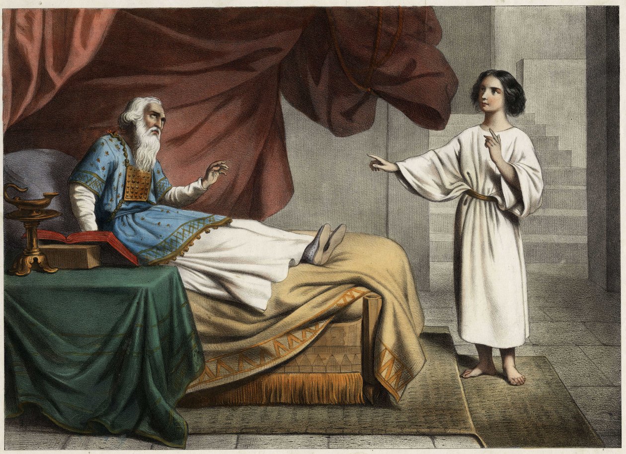Samuel, som hører Herrens stemme kalde på ham midt om natten, tror, at dette er hans mentor, ypperstepræsten Eli (Heli). Anonym stik fra midten af 1800-tallet. af Unknown artist