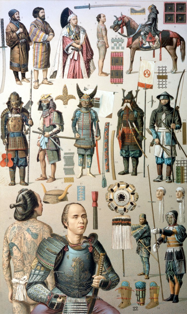 Samurai kostumer, våben og rustninger. 19. århundrede. af Unknown artist
