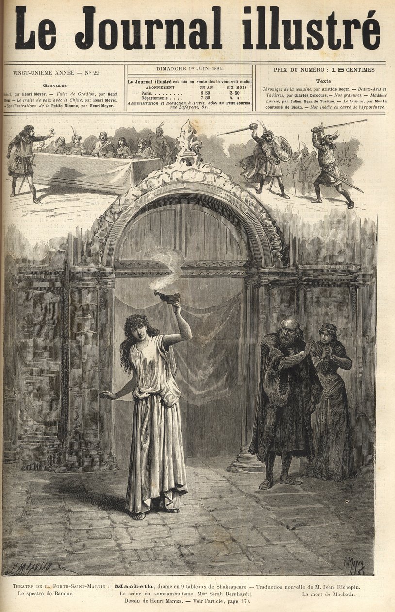 Sarah Bernhardt: Lady Macbeth i "" Macbeth"", drama af Shakespeare, bearbejdet af Jean Richepin - Theatre de la porte Saint-Martin - indgravering i "Le journal illustrious"" fra 1884 af Unknown artist