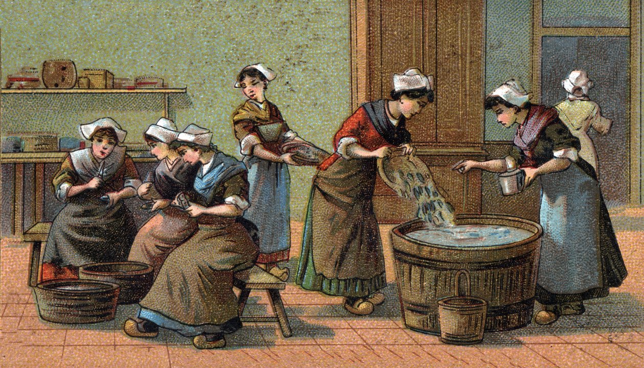 Sardinindustrien: skærehoveder, saltning. Kromolitografi i slutningen af det 19. århundrede af Unknown artist